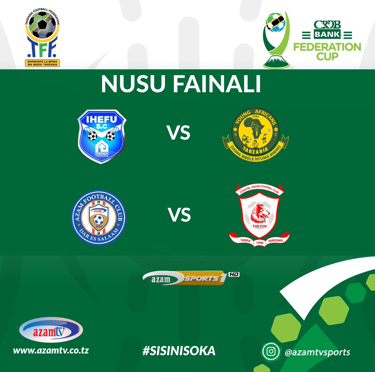 #CRDBBankFederationCup Itakavyokuwa nusu fainali......

Ihefu vs Yanga

Azam vs Coastal Union.

Je, fainali ni nani na nani?

#CRDBBankFederationCup #KombelaShirikisholaCRDBBank #FACup #RoboFainali #AzamFC #NamungoFC #AzamNamungo #AZMNMG