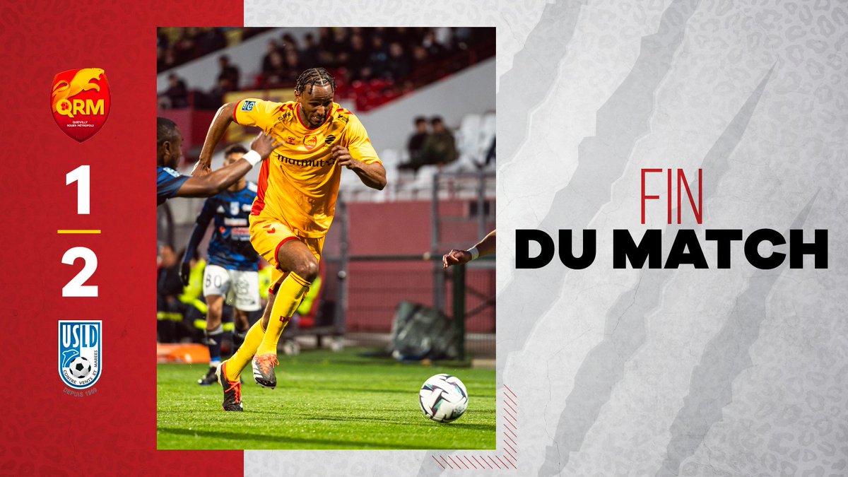 C'est la fin de ce match. QRM s'incline deux buts à un contre l'USL Dunkerque et retrouvera donc le championnat National la saison prochaine. Il reste deux matchs à disputer cette saison pour finir la tête haute malgré l'issue désormais scellée. 🟡 1-2 🔵 #QRMUSLD