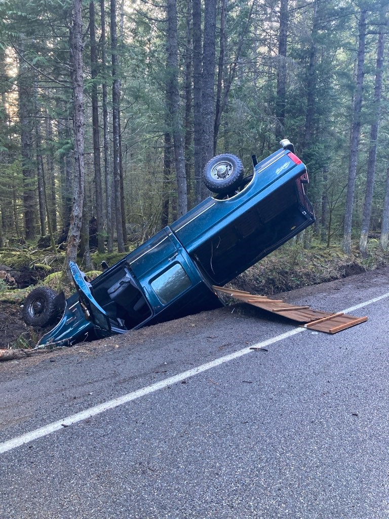 This collision happened yesterday evening around 6pm on SR 410 near MP 45.  The driver swerved to miss some elk and went off the road.  When Chinook Pass opens there will be increased traffic on SR 410.  Please slow down and stay alert for wildlife!  Thankfully minor injuries.