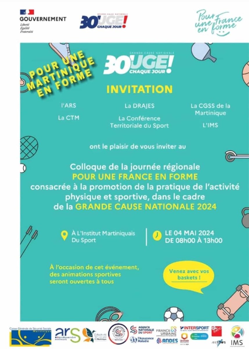 #30bouge | @ARSMartinique vous invite au colloque de la journée régionale 'Pour une France en Forme' @santegouv. Celui-ci est dédié à la promotion de la pratique d'une activité physique et sportive.
📍 L'Institut Martiniquais du Sport  (IMS) 
⏰ Le 4.05 de 8h à 13h

 #SportSanté