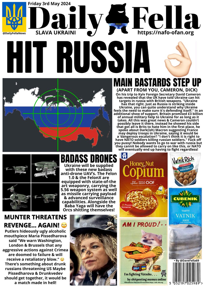 It’s Daily Fella time. Read about the Main Bastards giving permission to strike russia, new lethal drones for Ukraine & Zakharova is drunk again! #DailyFella #DailyFellaNews #SlavaUkraini #NAFO