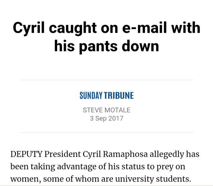 @lavitosoul '...Cyril Ramaphosa allegedly has been taking advantage of his status to prey on women, some of whom are university students... The emails go by the names of Mambo Dimbanyika, Singo Maberemisa and Mambo Velelambeu.' — Sunday Tribune (3 Sep 2017)
#PhalaPhalaFarmGate