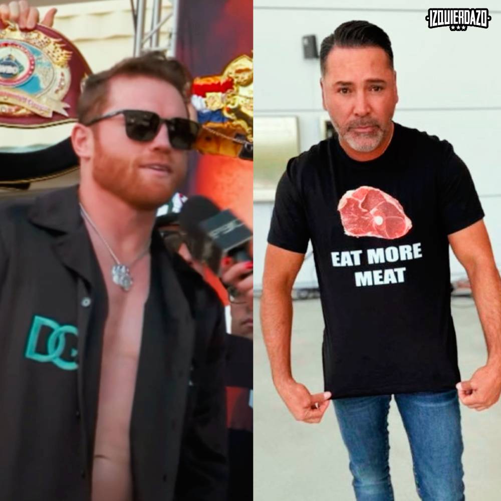 No hubo pleito en el pesaje ceremonial, pero Óscar De la Hoya salió al escenario con esa camiseta 

#CaneloMunguia 

(Vía @MichaelBensonn)