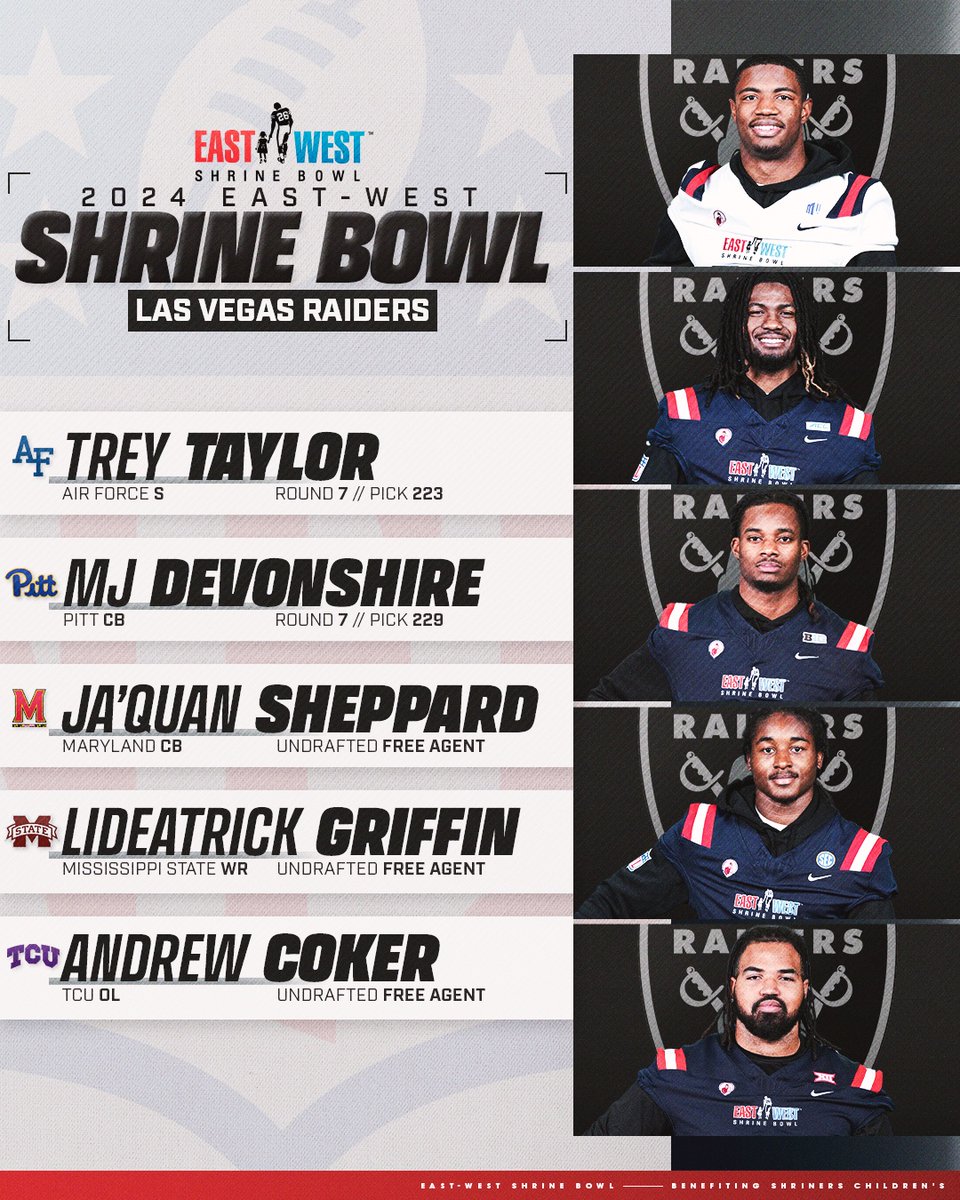 From the #ShrineBowl to Las Vegas! 💫 Trey Taylor (@trey_taylor007) 💫 MJ Devonshire (@Mjdevonshirejr) 💫 Ja’Quan Sheppard (@Quan813) 💫 Lideatrick Griffin (@TuluuuuuG) 💫 Andrew Coker (@ACoker74) #ShrineBowlWHOSNEXT | #RaiderNation