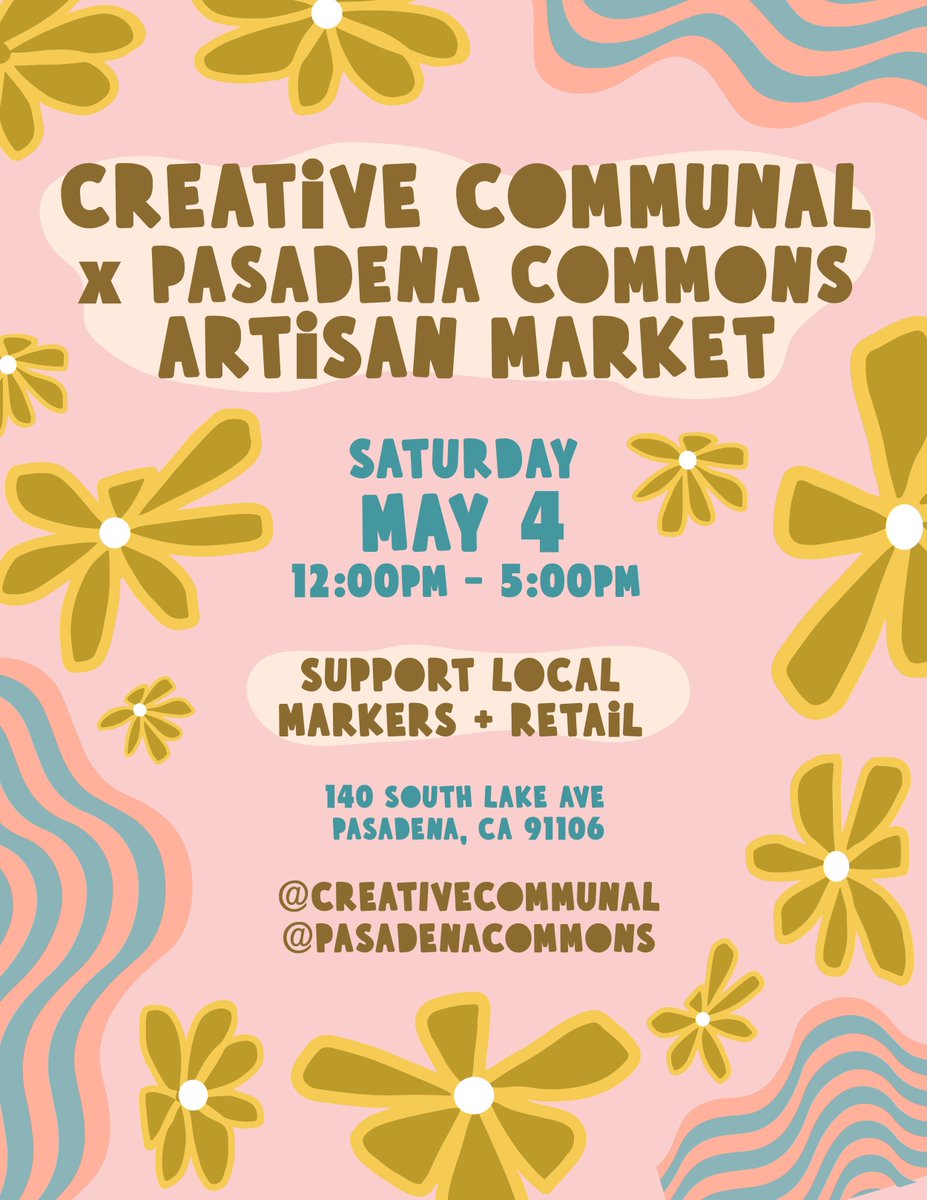 Join your favorite🤩 #localmakers at The Pasadena Commons for a Boutique Artisan 🧵🧶Market by Creative Communal

✨pet 🐶🐱and kid 🧑‍🧑‍🧒friendly
✨live music
✨20+ local makers

#southlakeavenue #pasadenacommunity #pasadenacommons #artisanmade #artisanmarket #creativecommunal