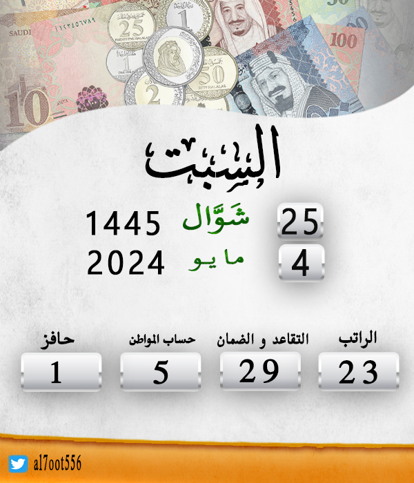 تاريخ اليوم السبت الموافق : 25/10/1445   
موعد إيداع الراتب الاثنين الموافق: 19/11/1445   
الأيام المتبقية لإيداع الراتب: 23 يوم