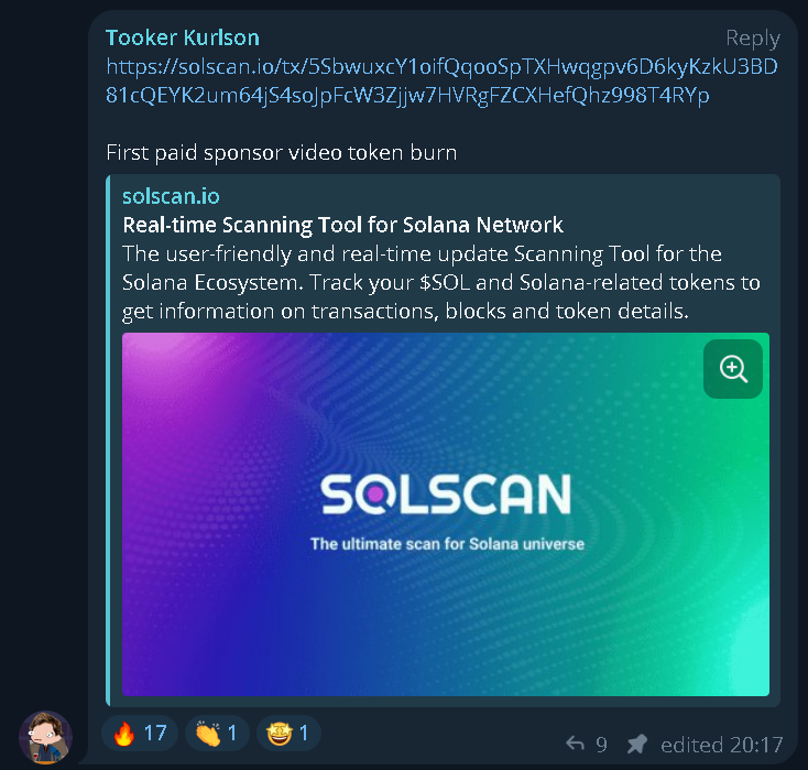 Simon Hayes (@hayess5178) on Twitter photo Amazing to see <a href="/tookerkurlson/">tooker kurlson</a>'s first paid sponsor video token burn🔥. 116,509 $Tooker tokens automatically bought and burned, Worth around $12,800 at current price🚀.
Looking forward to seeing the video (soon)👀 and supporting the first sponsor💎🙌.
🔥solscan.io/tx/5SbwuxcY1oi… Amazing to see <a href="/tookerkurlson/">tooker kurlson</a>'s first paid sponsor video token burn🔥. 116,509 $Tooker tokens automatically bought and burned, Worth around $12,800 at current price🚀.
Looking forward to seeing the video (soon)👀 and supporting the first sponsor💎🙌.
🔥solscan.io/tx/5SbwuxcY1oi…