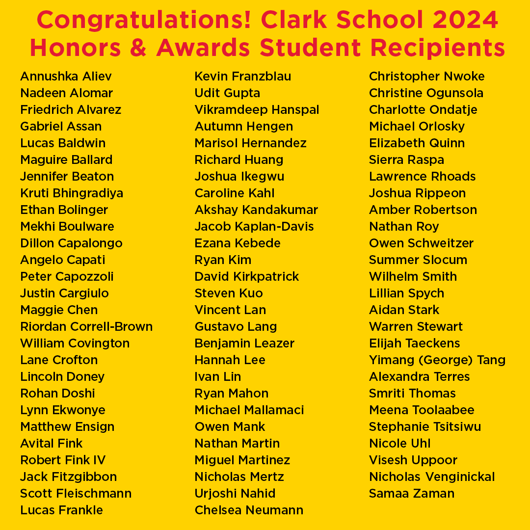 ClarkSchool's tweet photo. Join us in celebrating our outstanding undergraduate scholars honored at the 2024 Annual Engineering Honors and Awards! Congratulations to all of our 2024 honorees! https://t.co/XK4ysDk3vl  🎉 🐢 #UMDengineering #EngineeringTerps https://t.co/Lklxm8ZALa