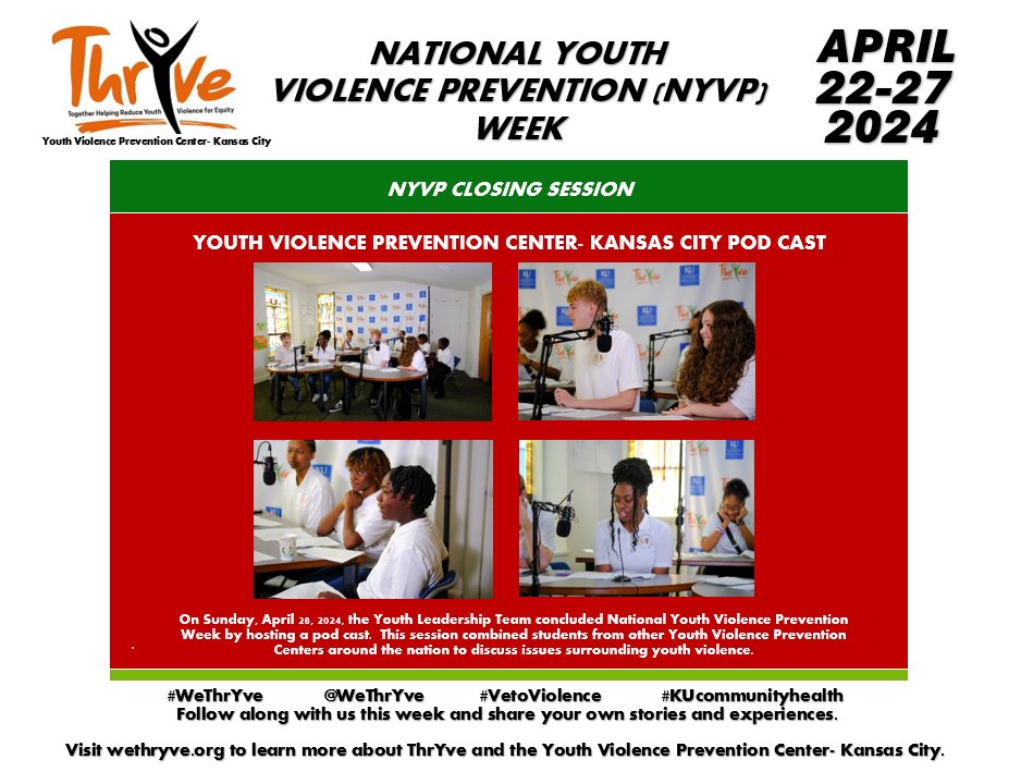 Thank you to everyone who tuned in for National Youth Violence Prevention Week! Follow us on Facebook and Twitter for more updates about the work that we do, and be sure to check out the other YVPCs pages as well! #WeThrYve #VetoViolence #KUCommunityHealth #NYVPWeek