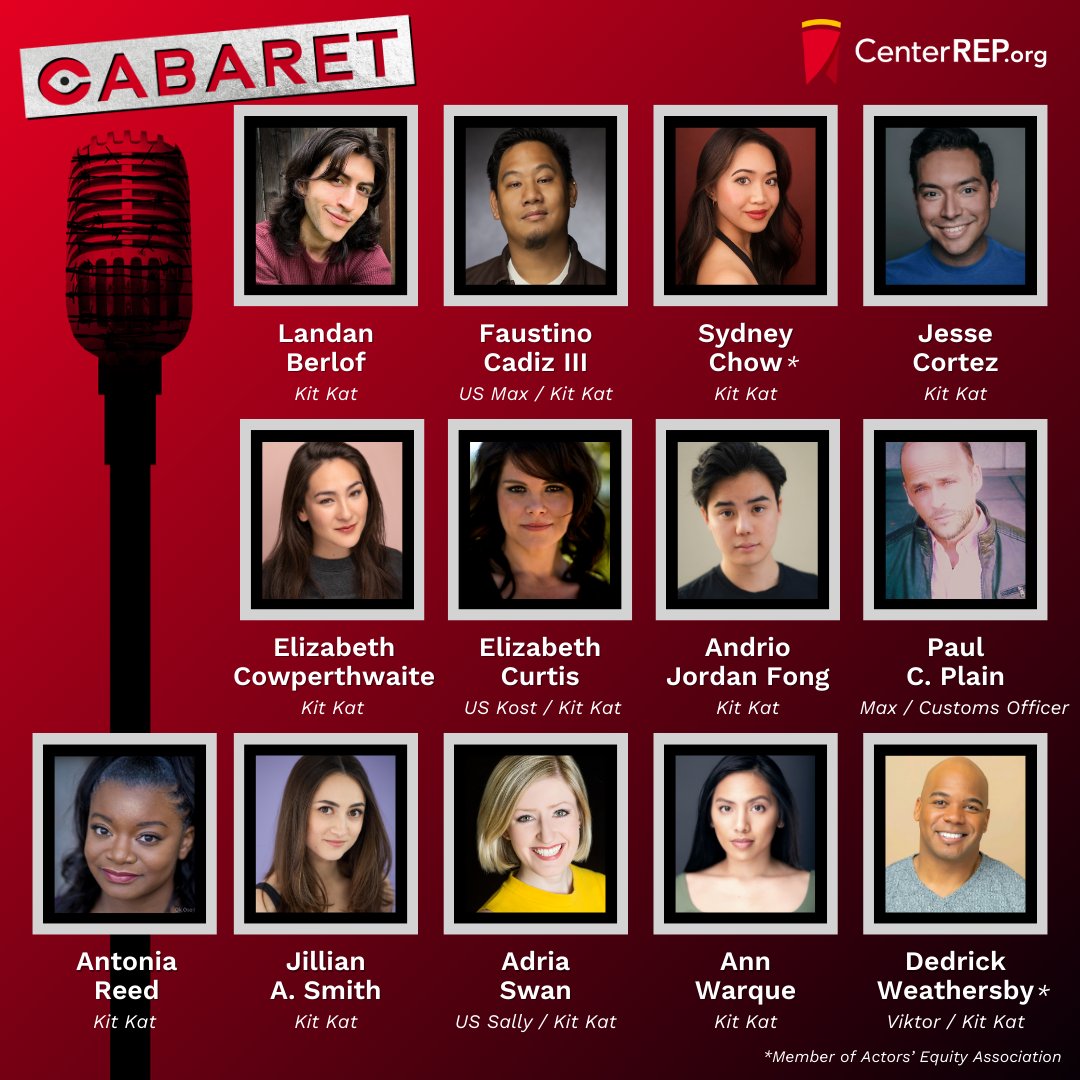 Announcing the cast of Cabaret, running May 26 - June 23 at the Lesher Center in Walnut Creek! LCArts.org/Cabaret
 
#centerrep #leshercenter #livetheatre #walnutcreek #cabaretmusical #KitKatClub #KanderandEbb #musicaltheatre #broadwaymusical #bayareatheatre #bayareaartists