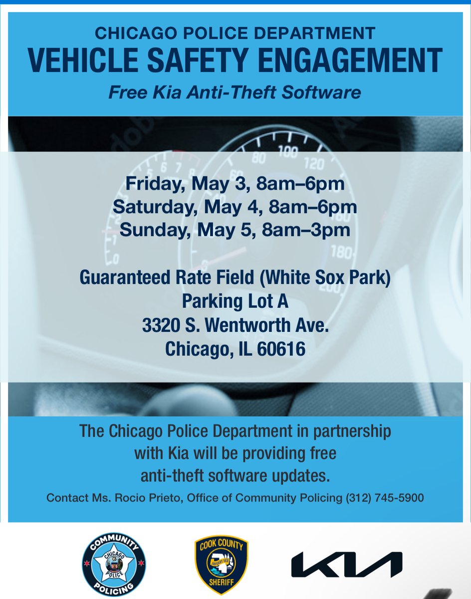 The Chicago Police Department joins Hyundai Motor America and KIA America to host Vehicle Safety Days this weekend at Guaranteed Rate Field. Vehicle owners can receive mobile software upgrades and anti-theft resources for eligible Hyundai and Kia vehicles free of charge.