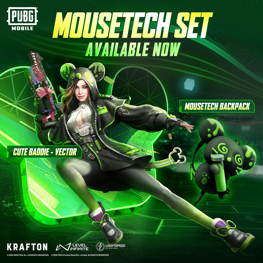 The Mousetech Set is available now! 🤩 The latest Gilt Set features the Mousetech Backpack and Cute Baddie - Vector. 📲 bit.ly/3y2JXv6 #PUBGMMuseGiltset #PUBGMOBILE #PUBGMOBILEC6S17