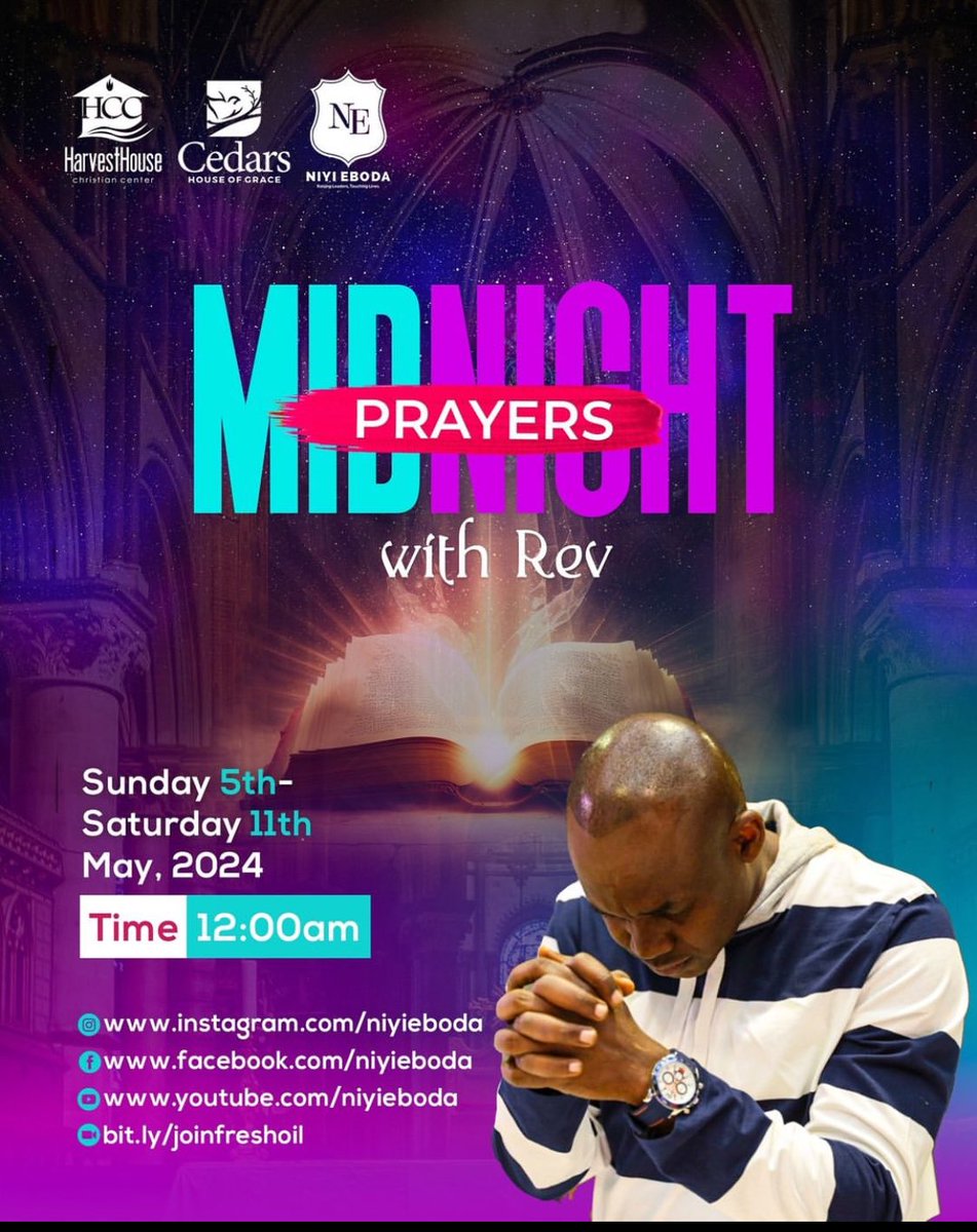 From this Sunday and for the next 7 days, Rev @niyieboda will be leading us in midnight prayers. Join us to seek God’s face and get empowered for the journey ahead. Log in to any of the platforms on the flyer to be a part. #HarvestHouseNation