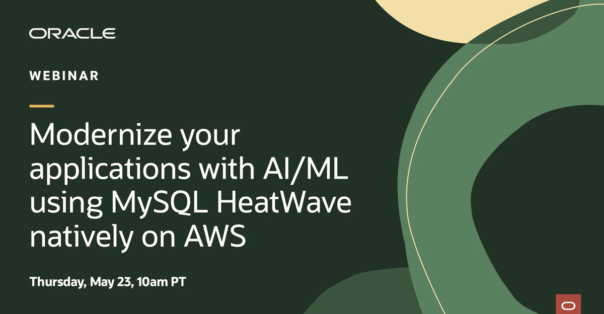 [Webinar, May 23, 10AM PT] Tune in and learn how companies from diverse sectors such as digital marketing and risk management are benefitting from #AI and #ML functionalities in #MySQLHeatWave on AWS. Register ➡️ social.ora.cl/6012jTF1I