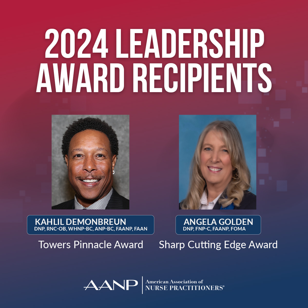 2024 AANP National Leadership Award recipients Kahlil Demonbreun and Angela Golden share their journey to finding their specialties, give advice to new NPs and discuss the importance of advocacy in advancing the NP role. bit.ly/aanp-lead-award #NPsLead