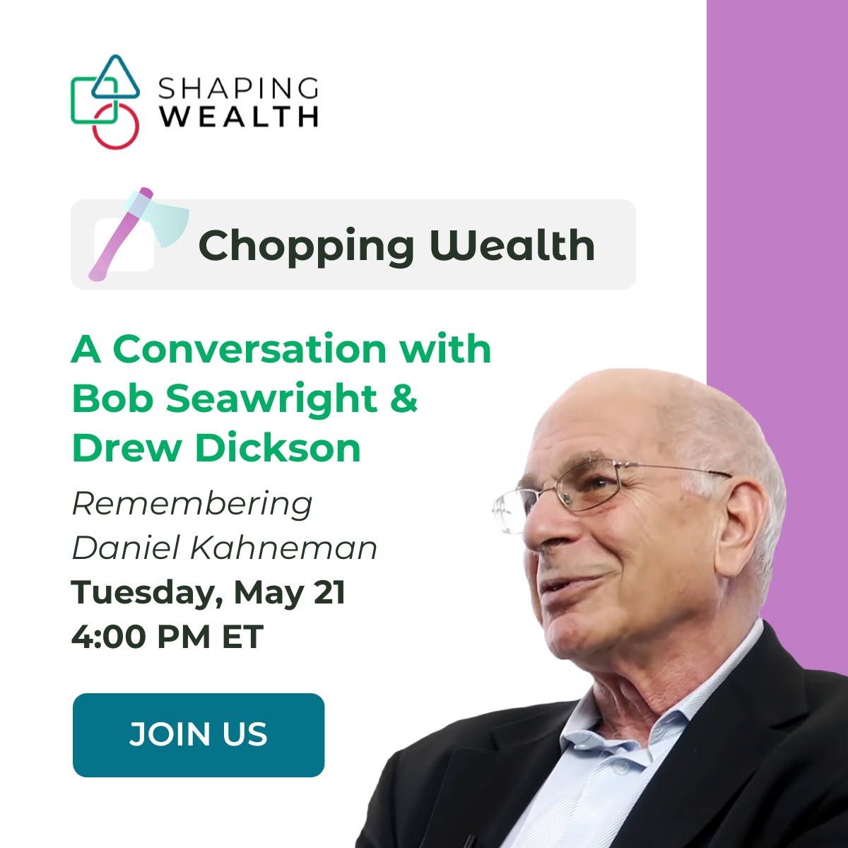 Remembering Daniel Kahneman 🌟 Join us for a special #ChoppingWealth episode on May 21 at 4 PM ET to honor the Nobel laureate's legacy in behavioral finance. Insights from @brianportnoy @RPSeawright @AlbertBridgeCap Register now: us06web.zoom.us/webinar/regist… #Tribute #DanielKahneman