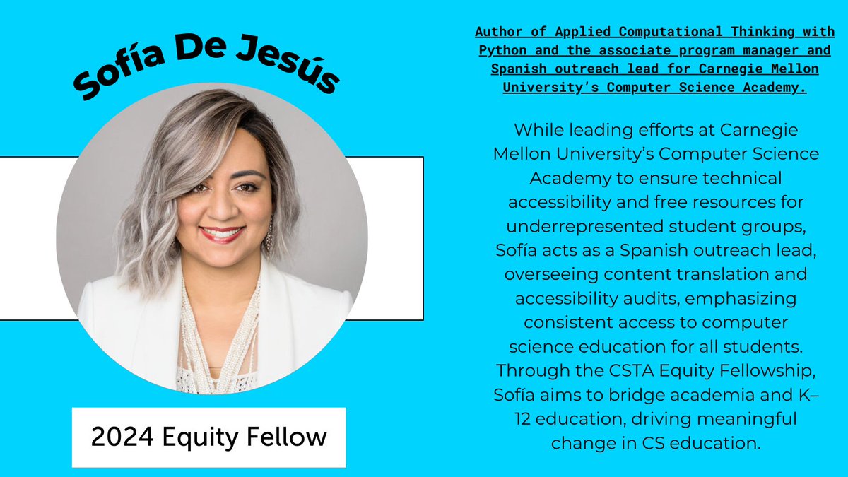 #CSTAEquityFellow Sofía De Jesús leads efforts to ensure accessibility and free resources for underrepresented students. Sofía is a fierce advocate for equitable computer science education in and out of the fellowship! Learn more about Sofía's work here: ​​csteachers.org/removing-barri…