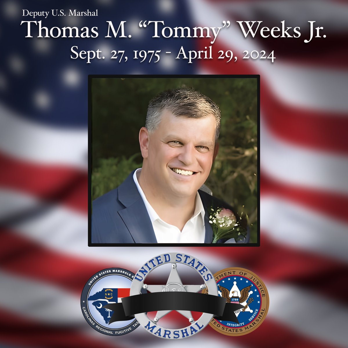 USMarshalsHQ's tweet image. The family of Thomas M. “Tommy” Weeks Jr. and U.S. Marshals Service colleagues announce the memorial service to honor Thomas M. “Tommy” Weeks Jr. being held at Bojangles Coliseum in Charlotte, NC, on Monday, May 6, 2024, at 10:30 a.m.