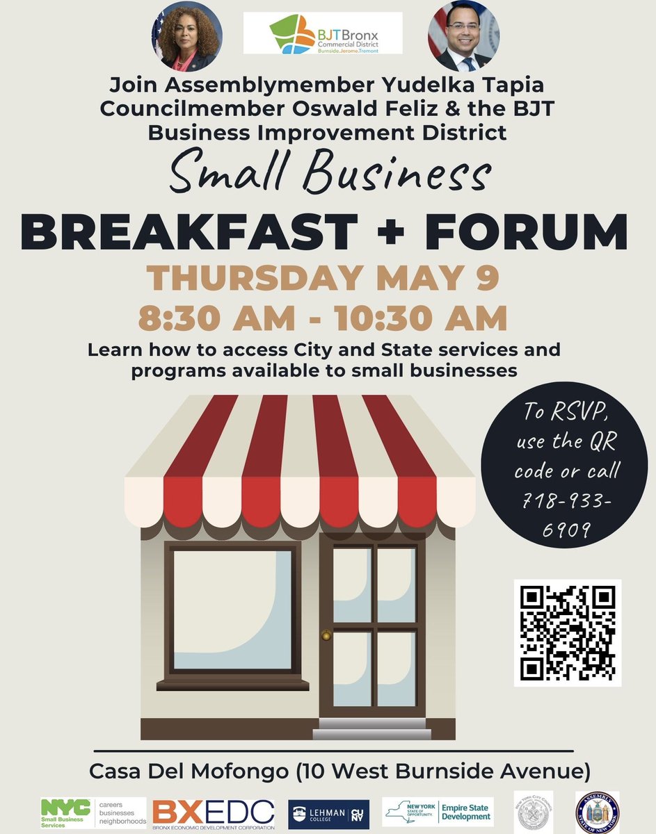Thanks to @BjtBronx for organizing Taste of BJT! I had the opportunity to sample food from fantastic local restaurants across the neighborhood. Join me and @BjtBronx next Thursday for a small business breakfast and forum! Use the QR code to RSVP.