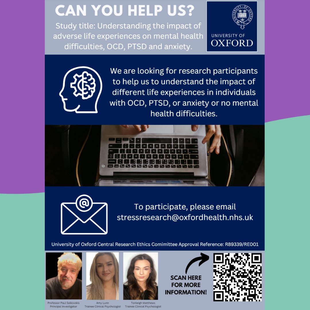 Are you an individual who is living with Anxiety, OCD or PTSD, or no mental health difficulties? Take a look at this poster and see if taking part in this study is for you... #participantsneeded #lookingforparticipants