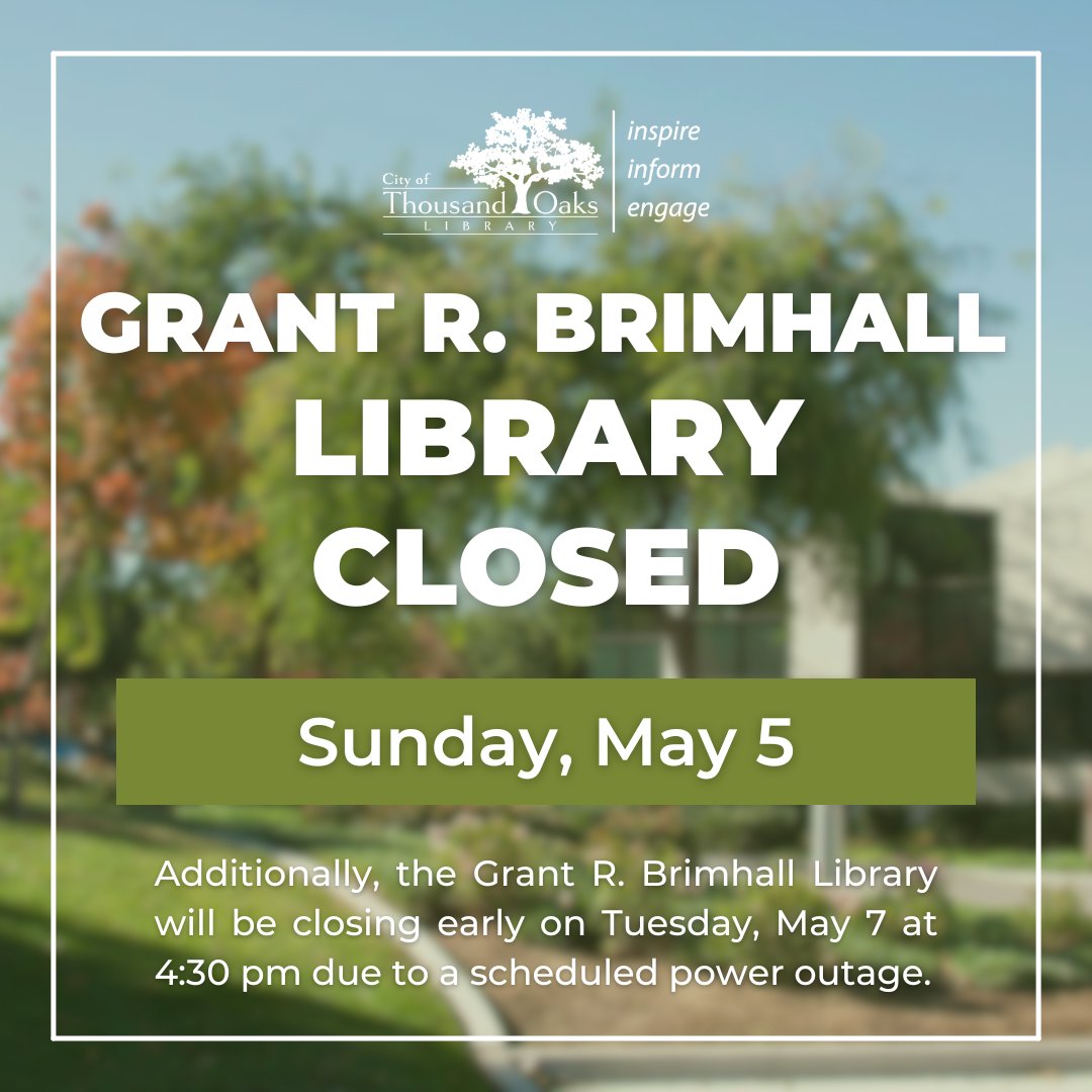 The Grant R. Brimhall Library will be closed on Sunday, May 5 and closing early on Tuesday, May 7 at 4:30 pm. ⚡ Our Virtual Library is open 24/7! tolibrary.org/vlibrary