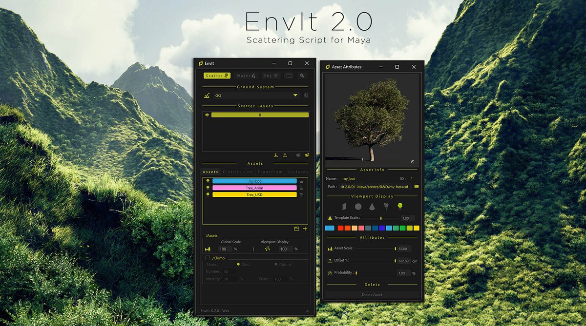 I'm more then happy to announce you the first part release of the all re-write and re-design new EnvIt 2.0!

EnvIt 2.0 is the new @AdskMaya  Scattering tool based on #USD workflow to bring powerful features to create you environment.

'All the feature are not done yet but the