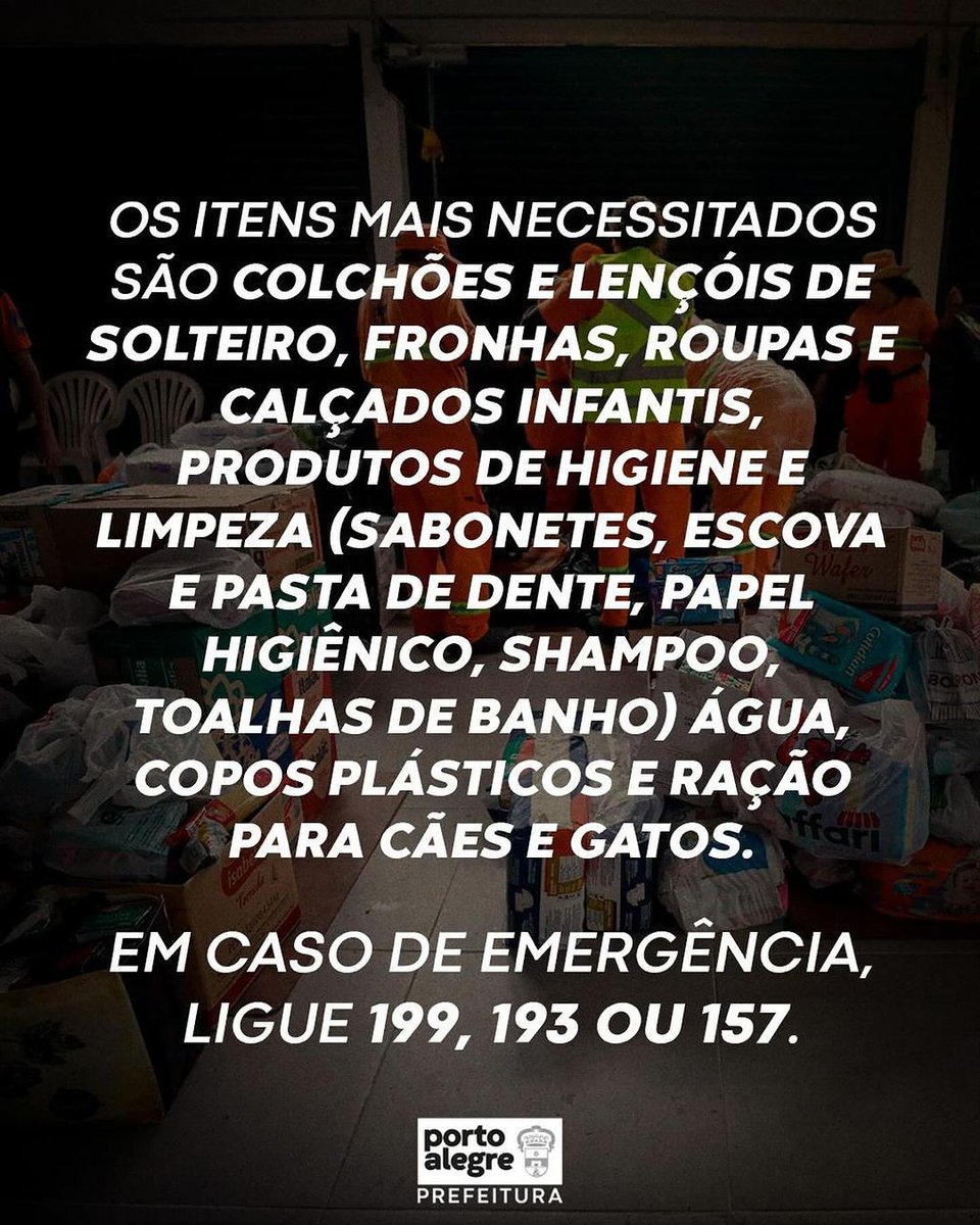 Esperamos que essa mensagem os encontre bem. Nesse momento de fortes chuvas e destruição no estado do RS, cada ajuda conta! Se você pode ajudar de alguma maneira, os pontos de coleta e itens mais necessários estão indicados na imagem. Informações via @saudepoa