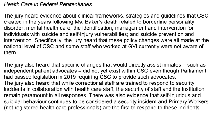 Important observation about Health Care in federal penitentiaries made in the Office of the Chief Coroner's explanation for the inquest into the death of Terry BAKER: frontline staff not aware of health policy changes made at CSC NHQ + required patient advocates not implemented