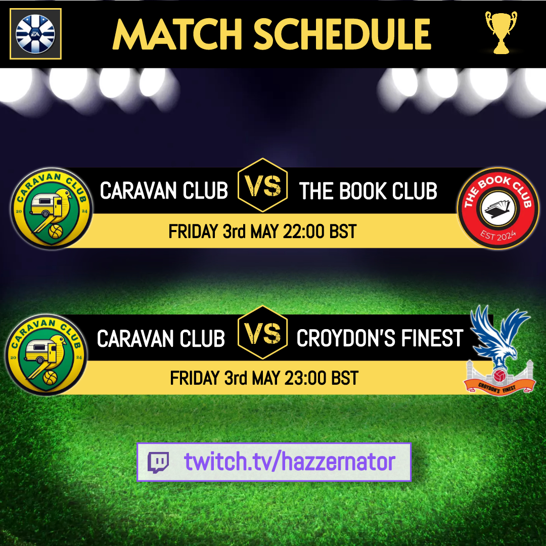 Caravan Club (@caravanclub_) on Twitter photo Fixtures For Tonight! โฝ๏ธ
VS <a href="/TheBookClubFC/">The Book Club</a> & <a href="/CroydonFinest/">Croydons Finest</a>
Streamed by Hazzernator - Link in comments. Fixtures For Tonight! โฝ๏ธ
VS <a href="/TheBookClubFC/">The Book Club</a> & <a href="/CroydonFinest/">Croydons Finest</a>
Streamed by Hazzernator - Link in comments.