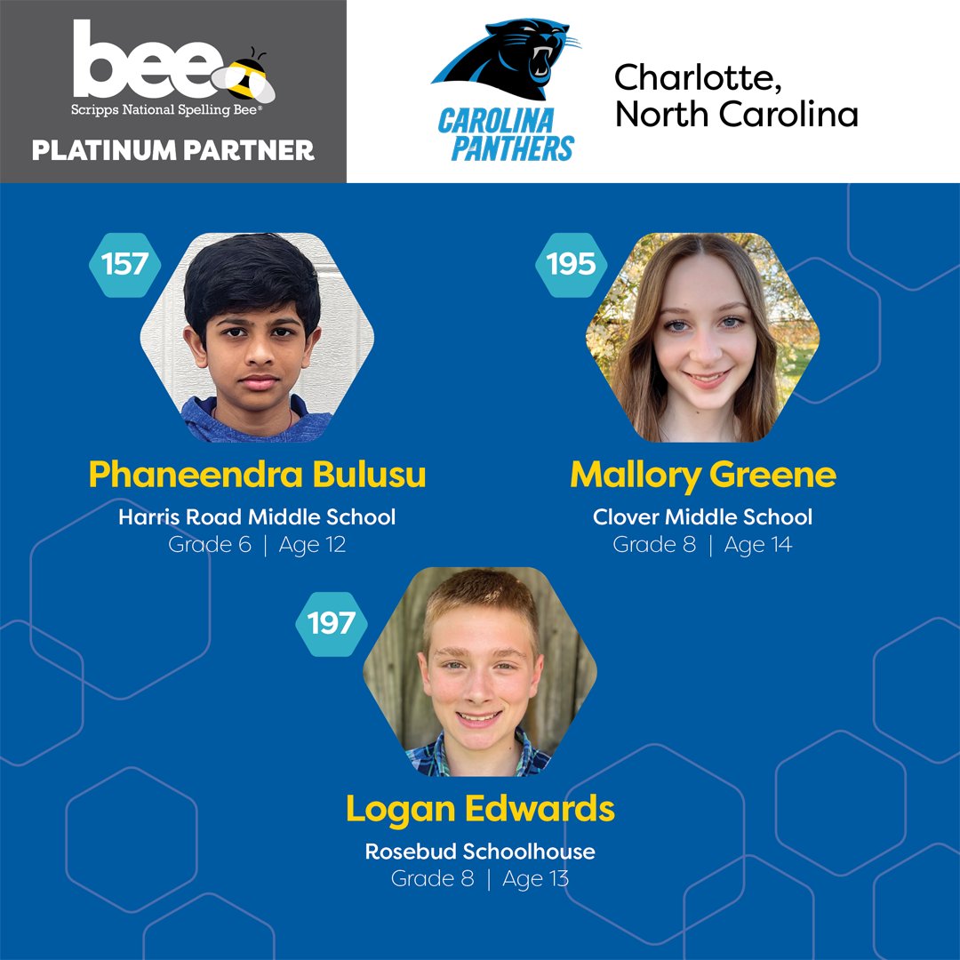 Shout out to Aishwarya, Ananya, Harini, Phaneendra, Mallory and Logan for spelling their way to the Bee! We'll see you in Washington, D.C.! Special thanks to our Platinum Regional Partner, the NFL's @Panthers, for sponsoring all six of these incredible students. ❤️
