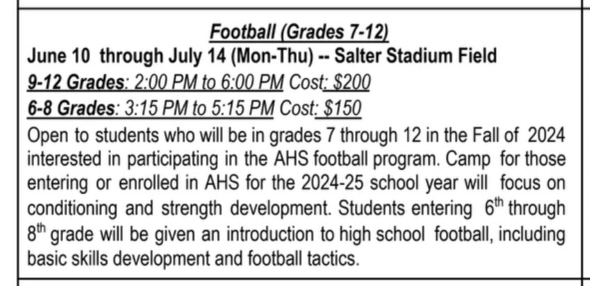 🏈Arcadia Summer Football Camp🏈 Summer football camp for student-athletes grades 6th-8th will be from 3:15-5:15 June 10th- July 12th. All players get coached up by the Arcadia High School football coaches. Fundamentals/ Basic Skills docs.google.com/forms/d/1zQ324…