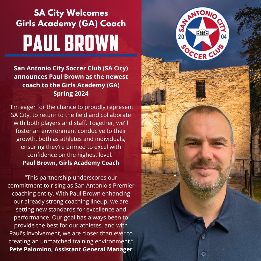 🌟 Exciting Announcement! We're thrilled to welcome experienced coach & renowned personal trainer, Paul Brown, to our Girls Academy (GA) program 🎉   Join our program and register for the Girl's Player Placement Event happening next week! SACitySC.com/ppe
