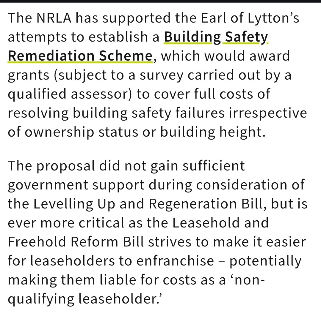 Grateful to the ongoing support from the @NRLAssociation for the Earl of Lytton's buildingsafetyscheme.org amendments coming back to the Lords for report. The only way to end the #BuildingSafetyCrisis for all is with extra funding and only the Earls amendments provide it.…