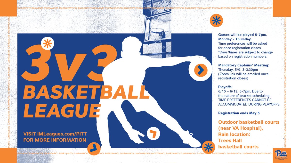 Don't forget to sign up for a Basketball league before Sunday! Games will be played Monday - Thursday 5 - 7 p.m. until June 13! Full information and register here, bit.ly/3y0vNL7 #H2P #PittNow