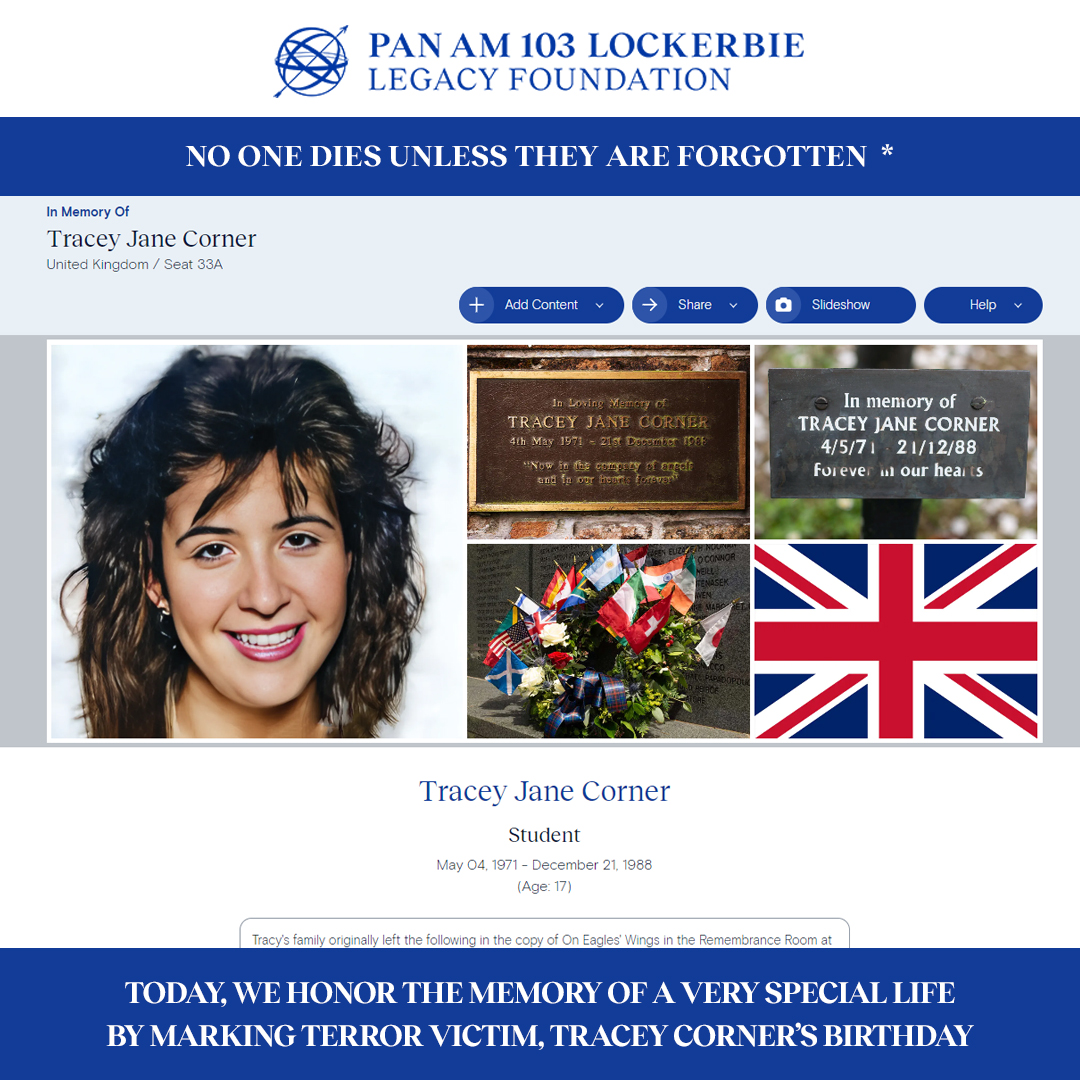 Today, we honor the memory of a very special life by marking Tracey Corner’s birthday.
pa103ll.org/living-memoria…
#noonediesunlesstheyareforgotten #rememberingpanam103 #neverforget #goodendures  #Lockerbie #panamflight103 #JusticePanAm103 #LivingMemorial #History #victimsofterrorism