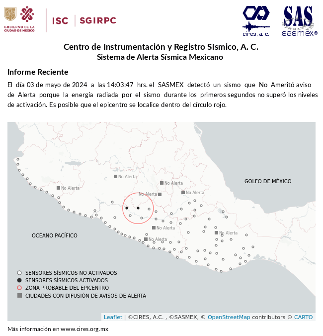 Informe preliminar del #Sismo detectado el 03-may-24 a las 14:03:47 hrs.  #TenemosSismo #LaPrevenciónEsNuestraFuerza