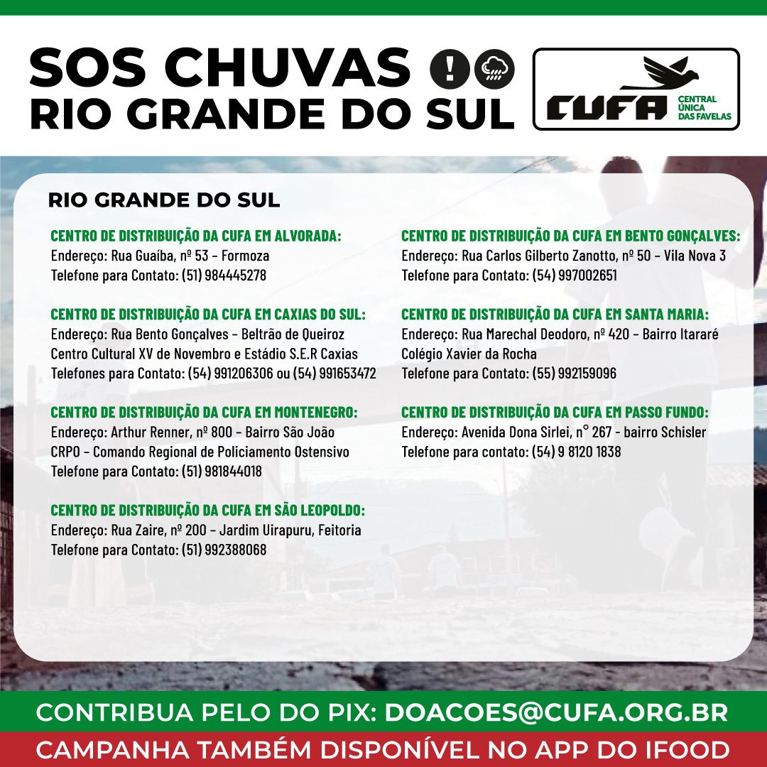 🌟 Ajude as vítimas das enchentes no RS! 🌊 A CUFA está liderando uma mobilização solidária para ajudar as mais de 20 mil pessoas afetadas pelas chuvas em Porto Alegre e região. Faça sua doação de alimentos, produtos de limpeza,água, roupas e mais! 💪🏾 #Solidariedade #CUFA #CUFARS