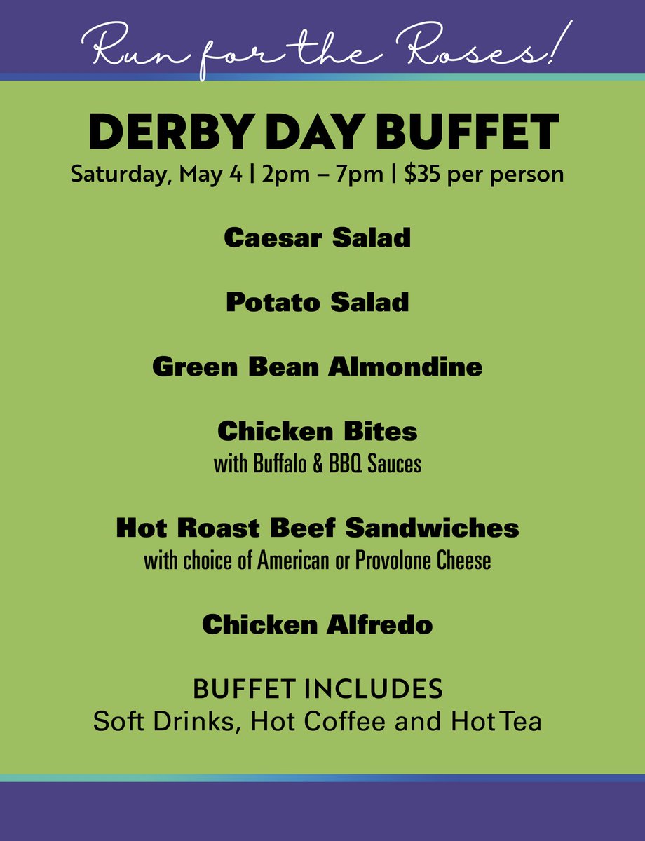 Celebrate Kentucky Derby with Delaware Park Casino for our Derby Day Buffet on Saturday, May 4th |2pm-7pm| For Reservations call (302) 994-2521 x 7306 🐴☀️🥗🍴