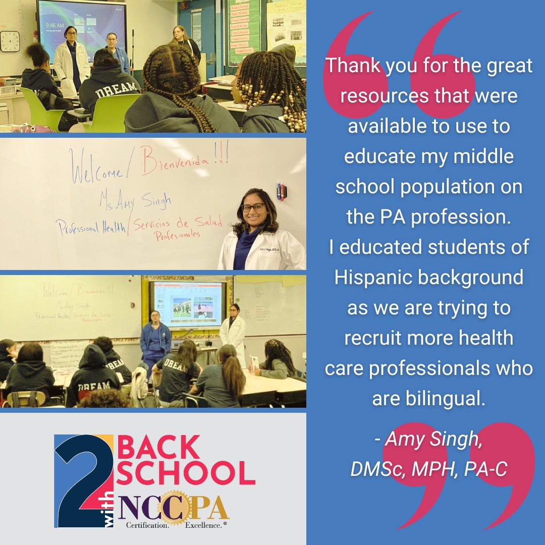 Board Certified PAs like Amy Singh, DMSc, MPH, PA-C, are going Back2School with NCCPA! If you would like resources to help teach students about the PA profession as a potential career path, visit our website: bit.ly/3Y0bQgm