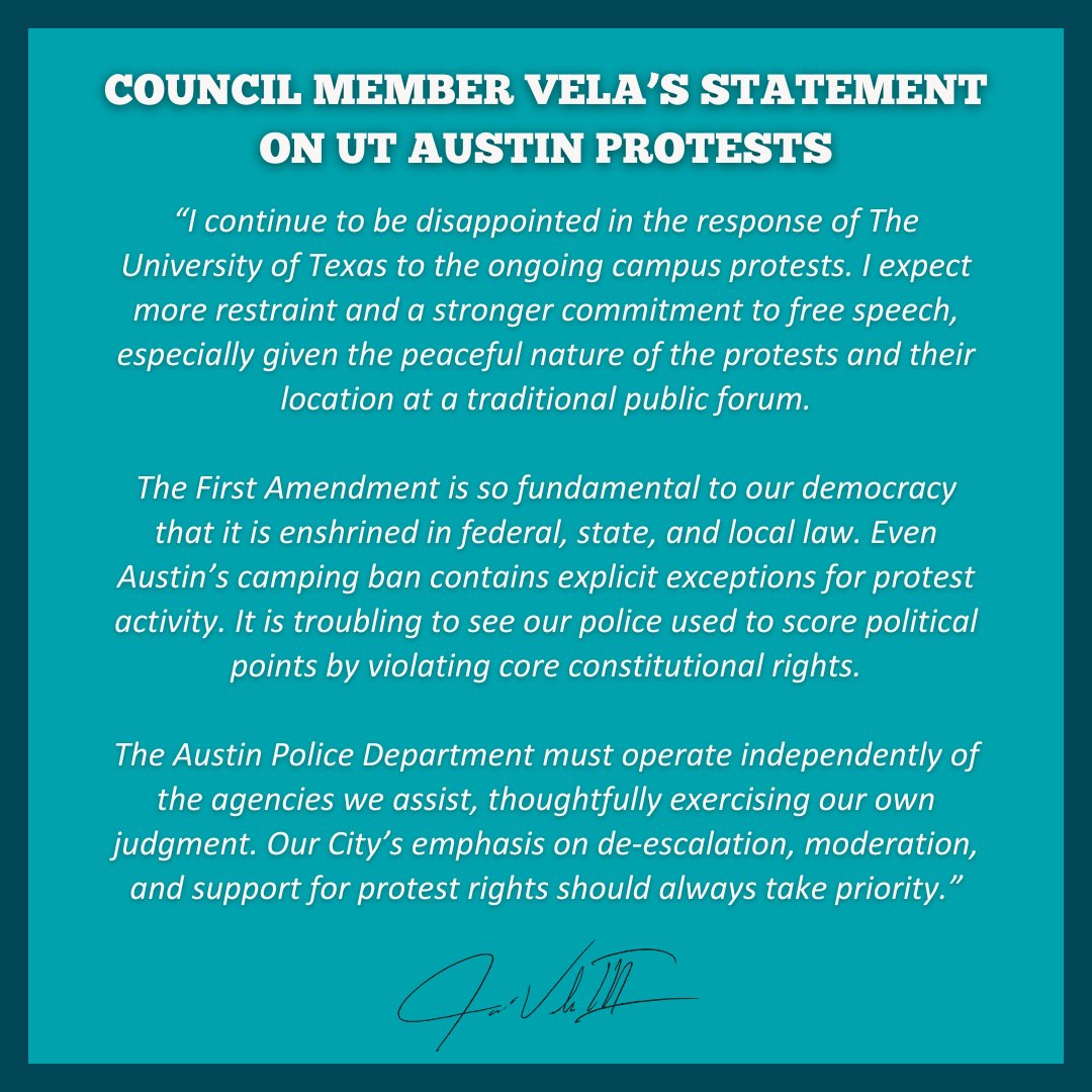 Council Member Vela's statement on the UT Austin protests.