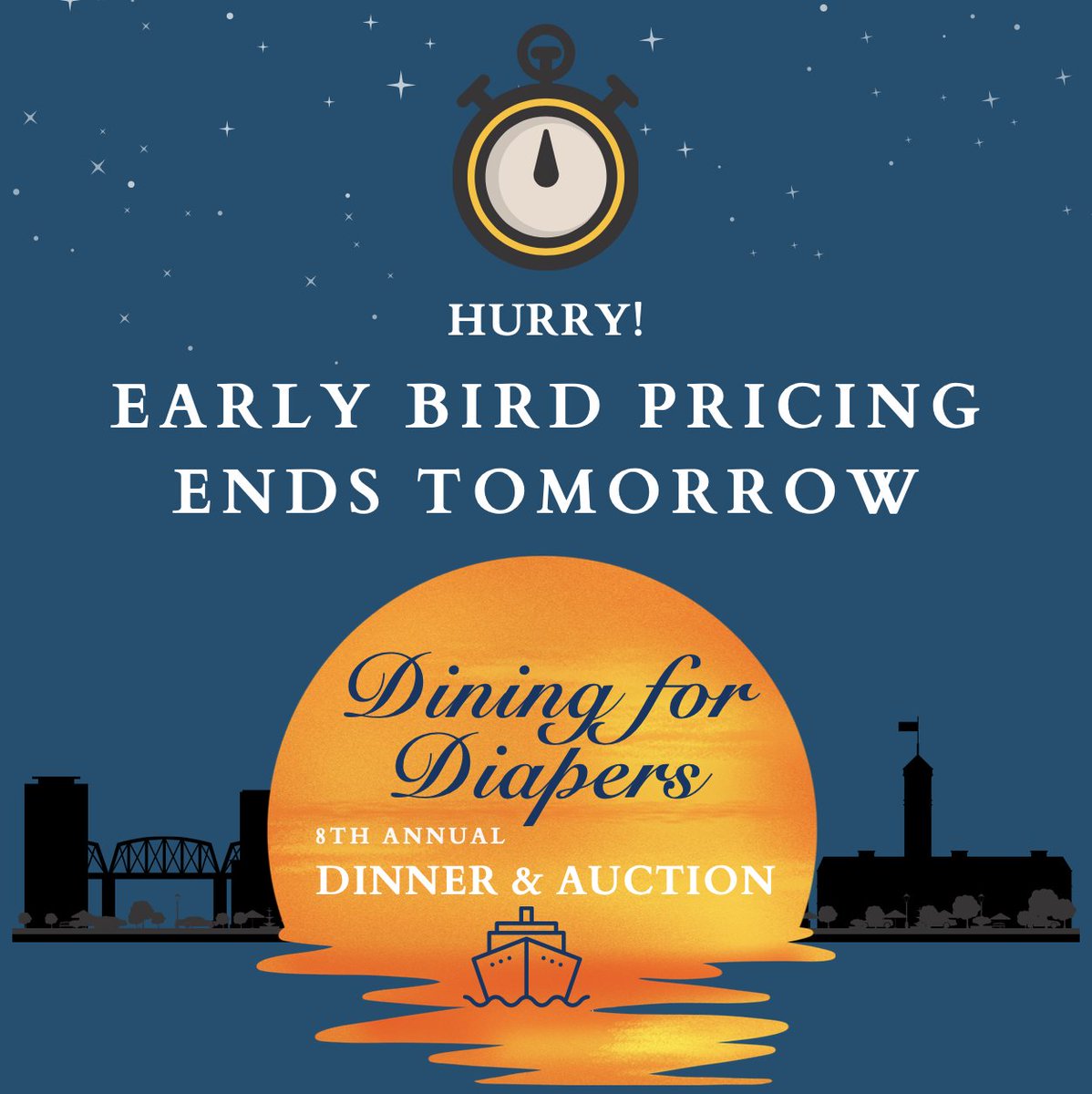 'Early Bird' tickets close tomorrow, 5/4 (11:59pm), and we have two tables left! Gather your friends and join us for a scenic dinner cruise on June 7th to #EndDiaperNeed. For more information visit: pdxdiaperbank.org
