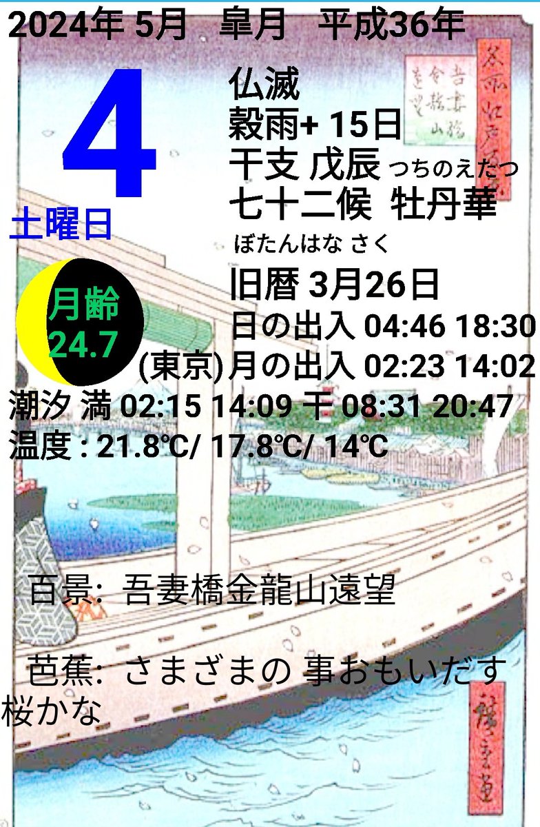 おはようございます。今日は旧暦3月26日です。