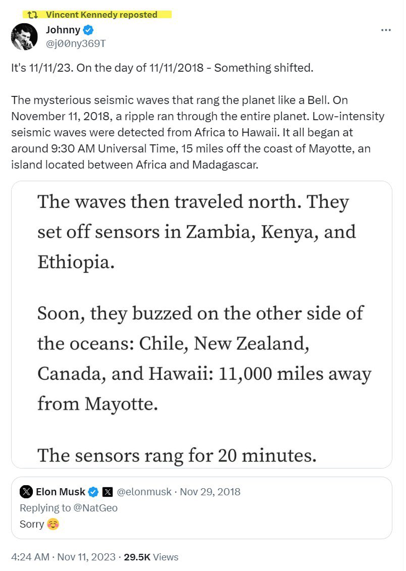 Seismic waves that rang the planet like a Bell.On 5/11/18, a ripple ran through the entire planet. Lowintensity seismic waves were detected from Africa to Hawaii. It all began at around 9:30 AM Univ Time, 15m off the coast of Mayotte, an island located between Africa &Madagascar.