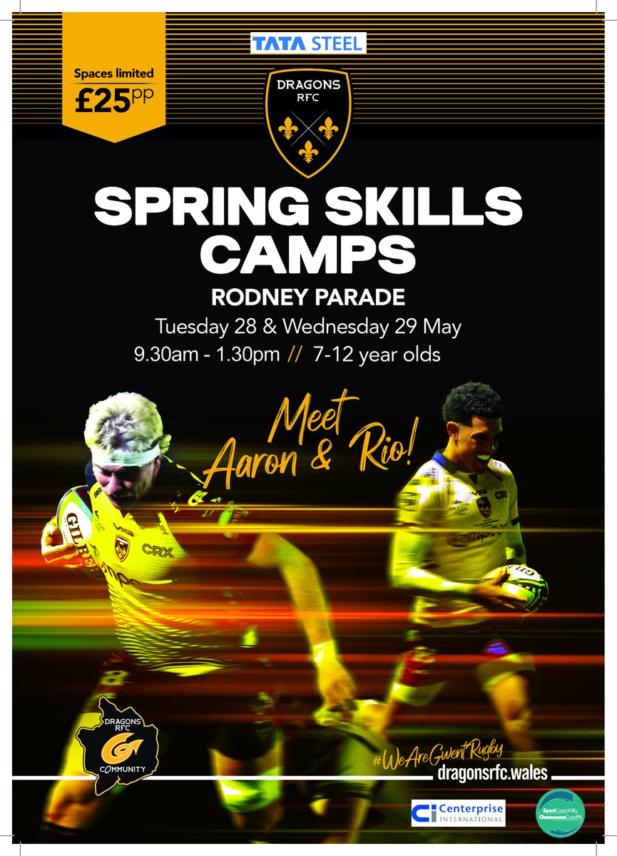 🐉𝙈𝙀𝙀𝙏 𝘼𝘼𝙍𝙊𝙉 & 𝙍𝙄𝙊 | Our Spring Skills Camps at @rodneyparade are on sale NOW - and selling so fast! 😲 Don't delay - these 2⃣ camps run by @DRA_Community will sell out!⤵️ Tues 28 May ▶️ shorturl.at/frO36 Wed 29 May ▶️ shorturl.at/efCJP #WeAreGwentRugby