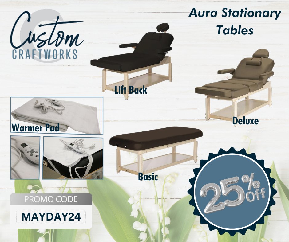 CustomCraftwork's tweet image. 🌸 Spring into savings with Custom Craftworks! 🌼 Get 25% off all Aura Stationary Tables and Deluxe Warmer Pads this May. Use code MAYDAY24 for your exclusive discount. Elevate your practice today! 🛍️✨ hubs.ly/Q02vBY-F0 #CustomCraftworks #SpringIntoSavings #MassageTherapy