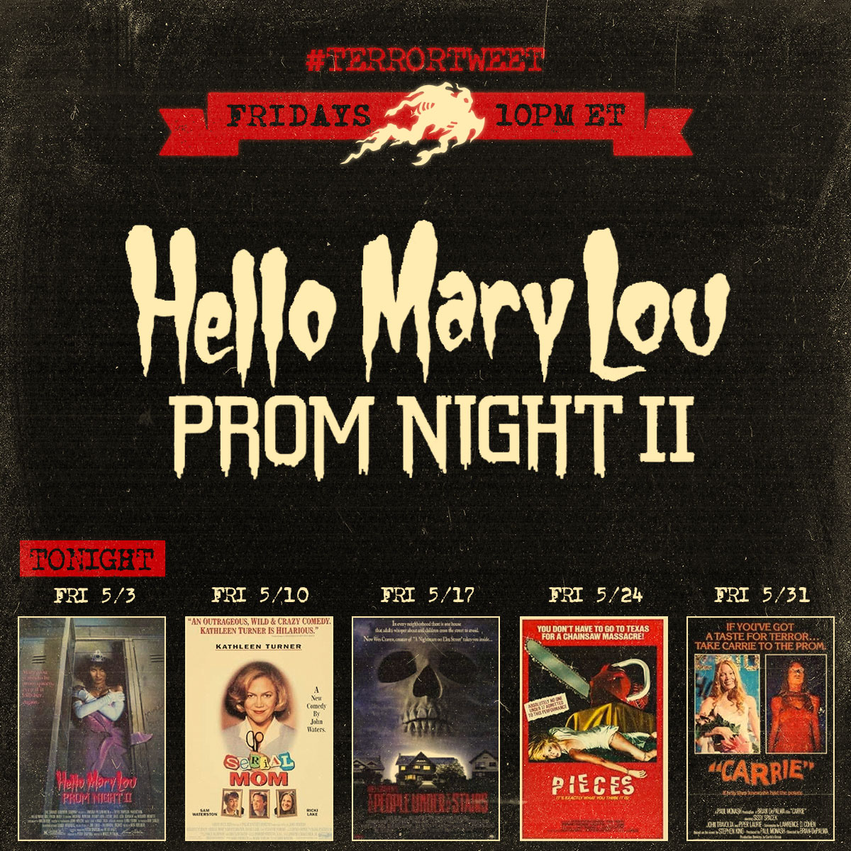 🎉 Mary Lou wants to be prom queen even if it kills her... again! Tonight's #terrortweet is PROM NIGHT 2. Find your copy and watch it with us! Hit play at 10pm EDT TONIGHT (Friday 5/03) & join the conversation on DISCORD 👉 discord.com/invite/dV2MTwy…