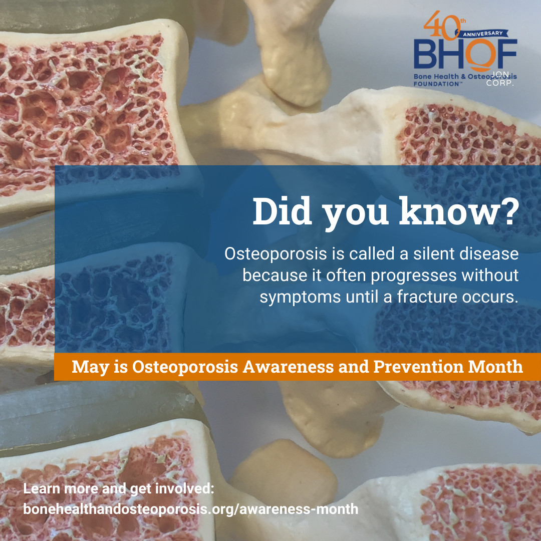 Osteoporosis is a bone disease that occurs when the body loses too much bone, makes too little bone, or both. As a result, bones become weak and may break form a fall or other causes. Learn more: bonehealthandosteoporosis.org/awareness-month #BeBoneStrong #OAPM2024 #OsteoporosisAwareness