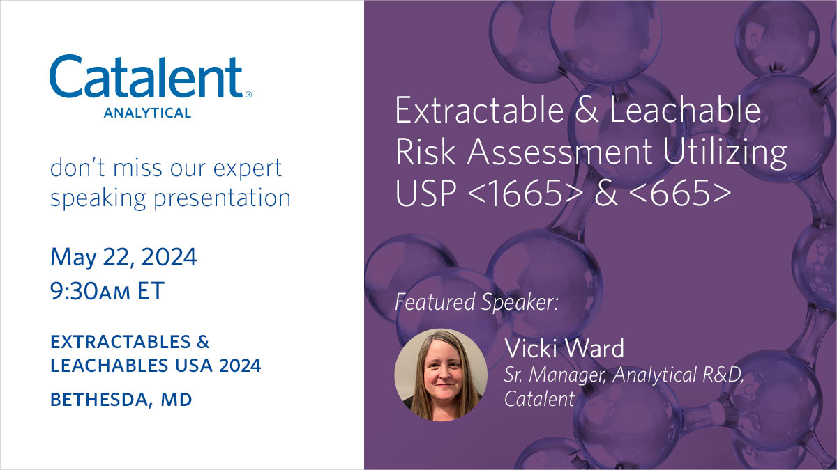 Join us at the Extractables and Leachables USA 2024 as Catalent expert Dr. Vicki Ward shares a case study illustrating how a systematic E&L manufacturing risk assessment approach can support drug sponsors in obtaining regulatory approval. Learn more here! ow.ly/3eum50RweAM