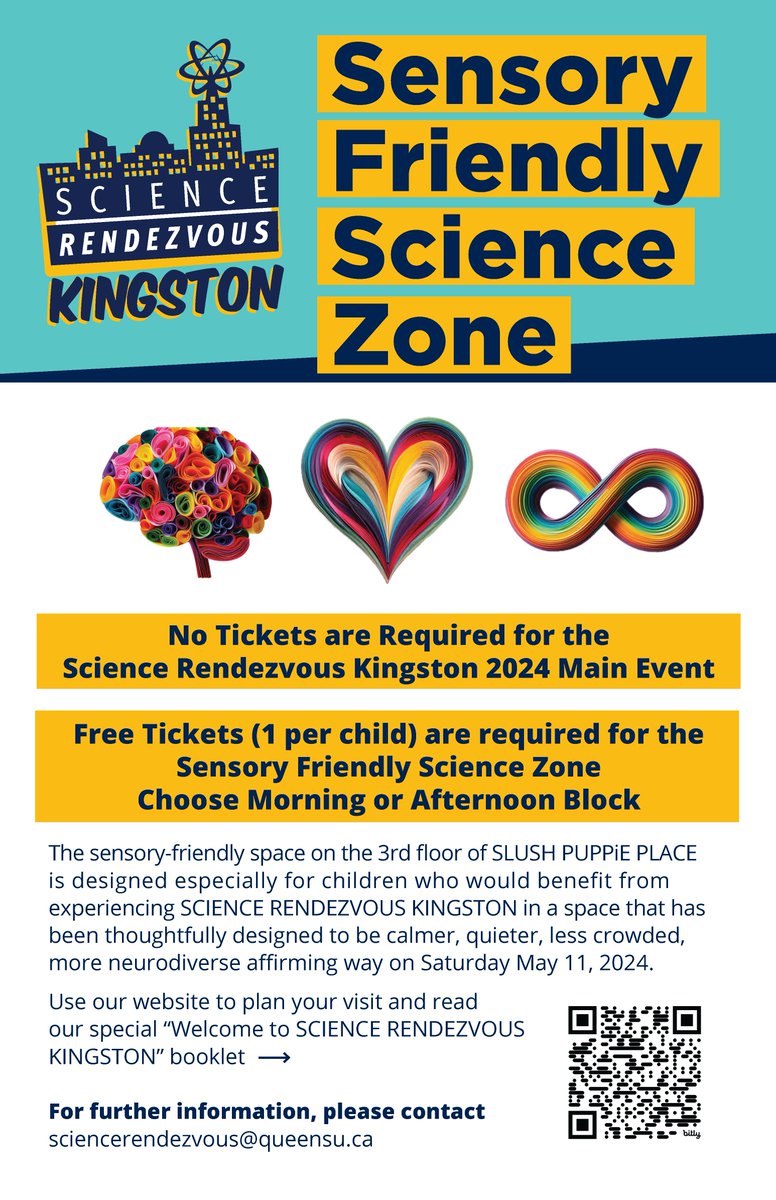Science Rendezvous Kingston provides a Sensory Friendly Science Zone for children who would benefit from space that has been designed to be more calm, quiet, less crowded & more neurodiverse affirming. FREE tickets available for pick-up @SlushPuppiePL box office! @STEMygk