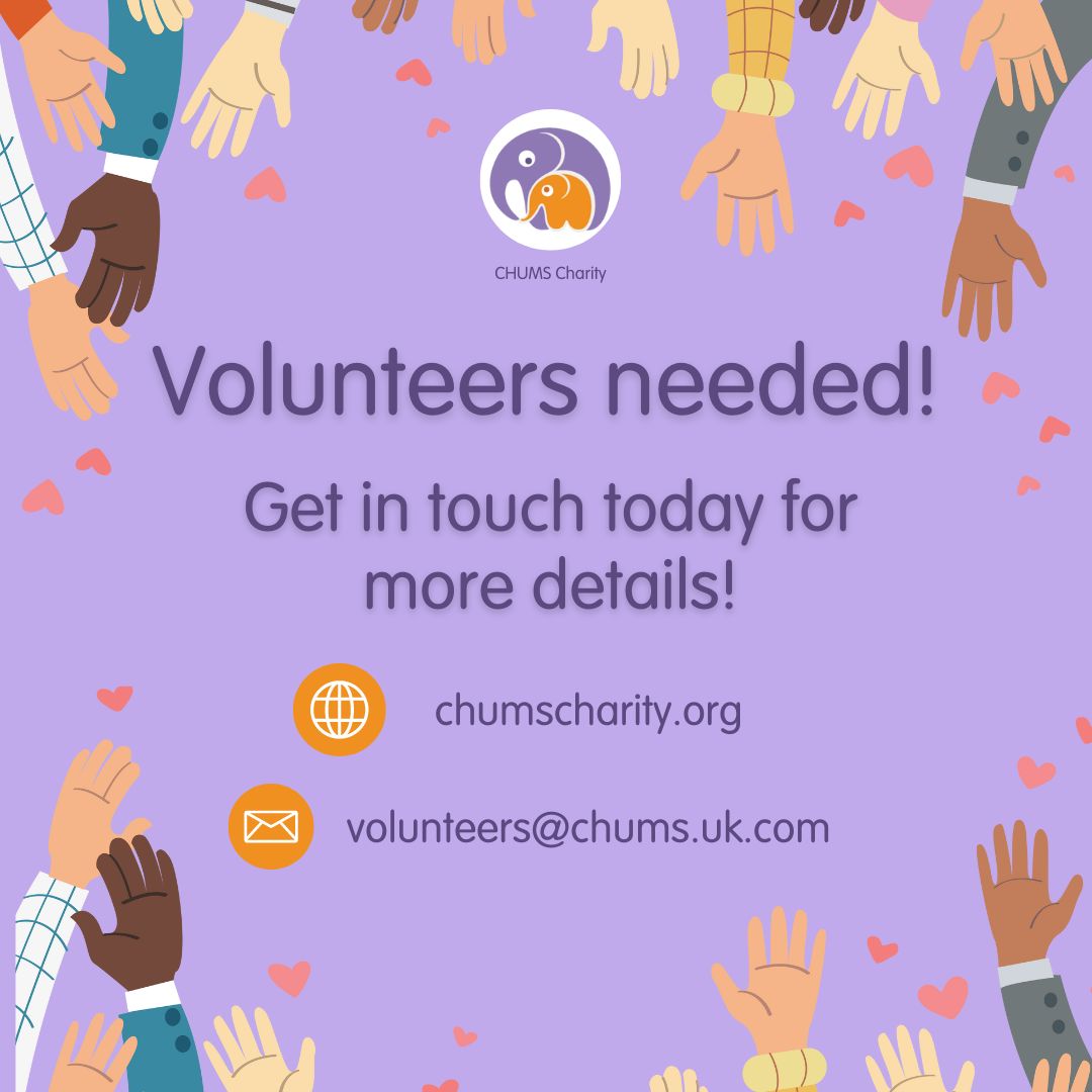 Do you think you could help us? 🧡
Volunteers needed! 

Get in touch today if you can help: volunteers@chums.uk.com
chumscharity.org

#CHUMSishope #CHUMScharity #mentalhealth #mentalhealthawareness #wellbeing #volunteering #bedfordshire #localcommunity #luton